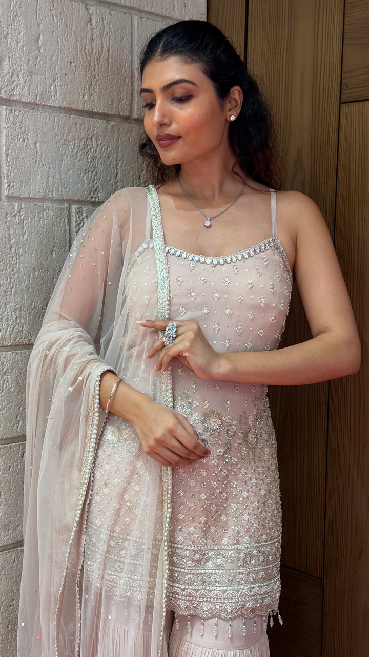 Blush Pink Designer Embroidered Sharara Set with Sleeveless Kurti & Net Dupatta