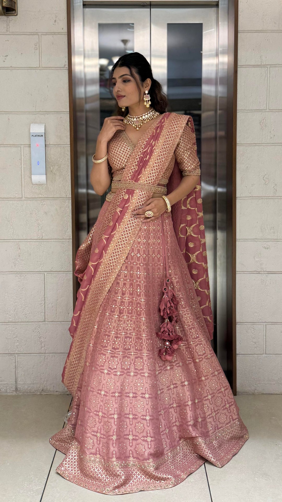 Dusty Rose Pink Zari Woven Silk Lehenga Set with Designer Blouse & Dupatta