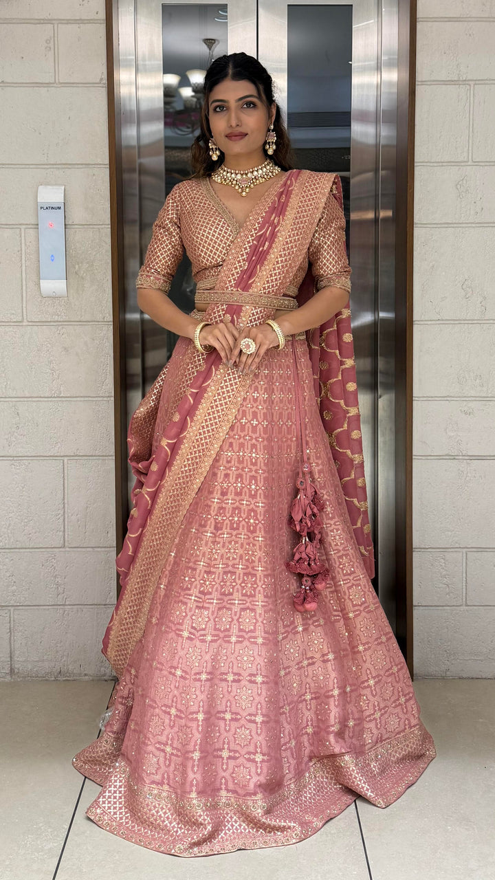 Dusty Rose Pink Zari Woven Silk Lehenga Set with Designer Blouse & Dupatta