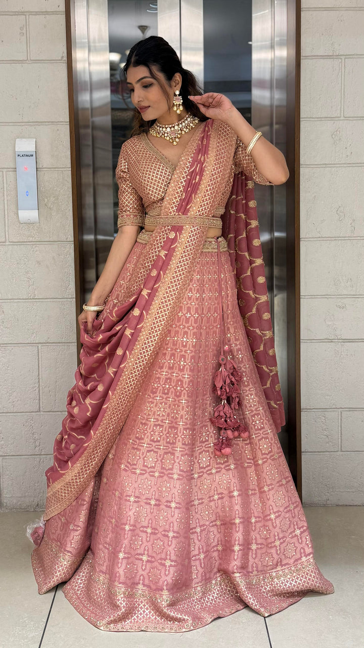 Dusty Rose Pink Zari Woven Silk Lehenga Set with Designer Blouse & Dupatta