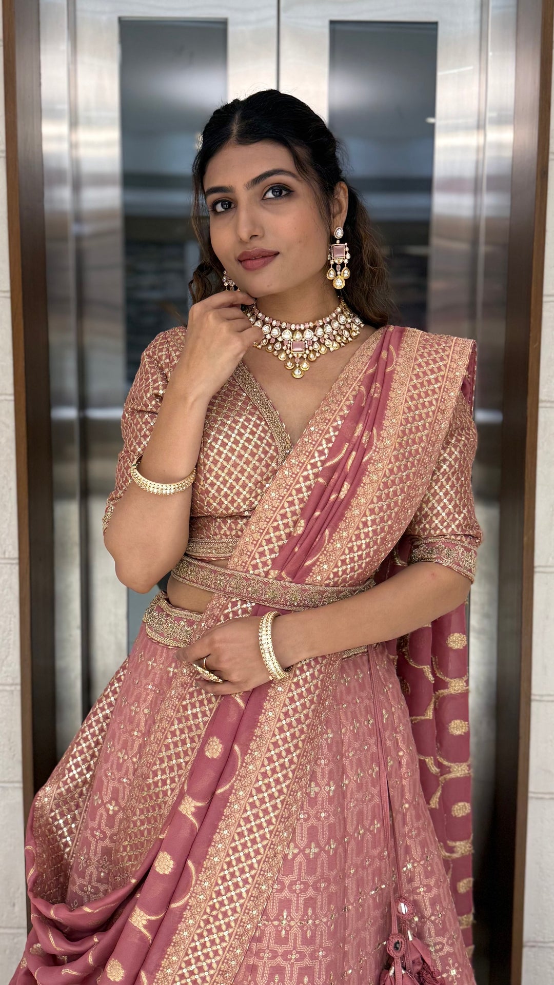 Dusty Rose Pink Zari Woven Silk Lehenga Set with Designer Blouse & Dupatta