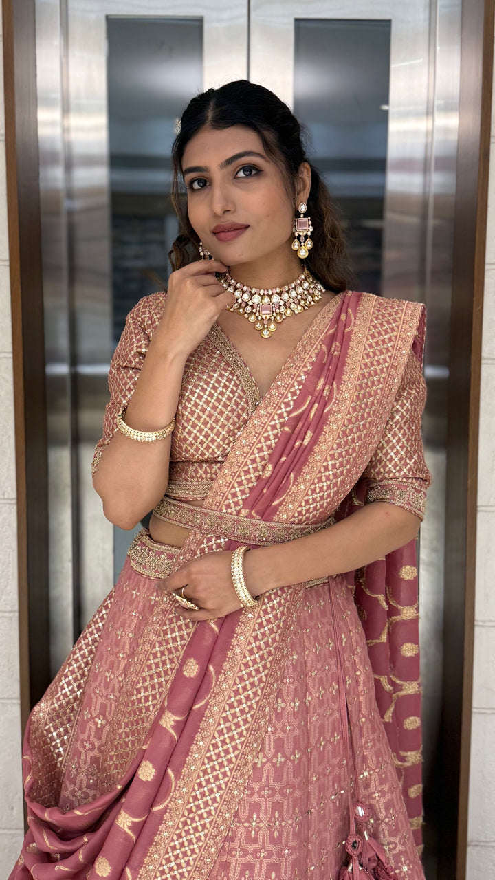 Dusty Rose Pink Zari Woven Silk Lehenga Set with Designer Blouse & Dupatta