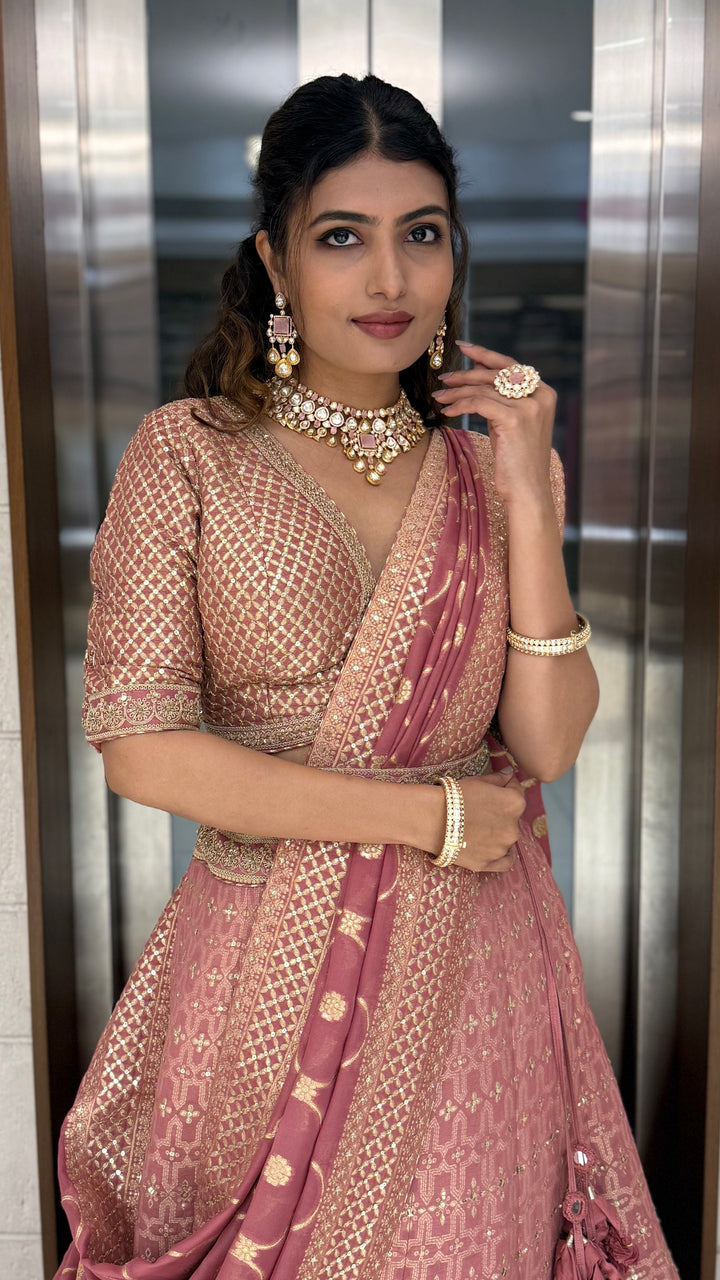 Dusty Rose Pink Zari Woven Silk Lehenga Set with Designer Blouse & Dupatta