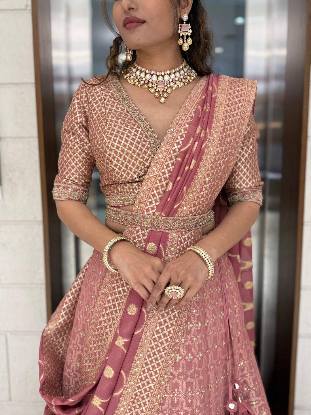 Dusty Rose Pink Zari Woven Silk Lehenga Set with Designer Blouse & Dupatta