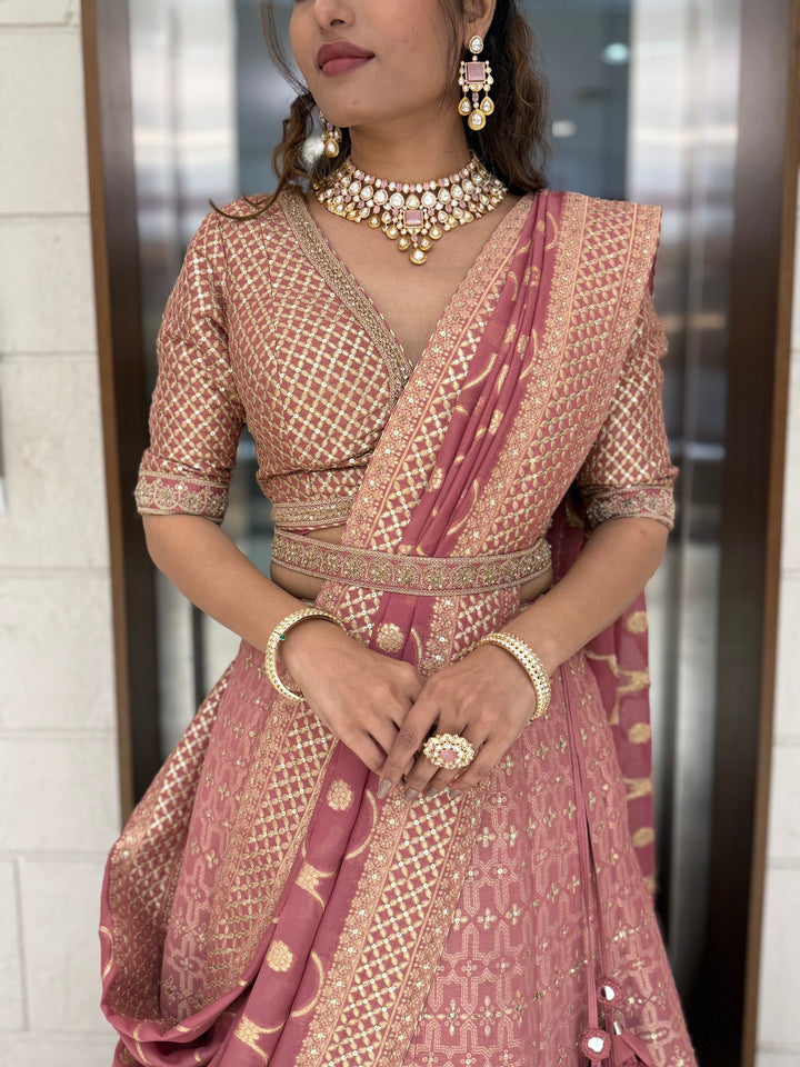 Dusty Rose Pink Zari Woven Silk Lehenga Set with Designer Blouse & Dupatta