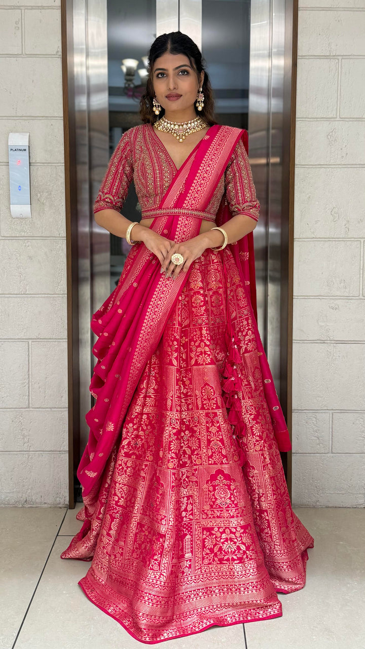 Rani Pink Heavy Banarasi Silk Lehenga Set with Intricate Zari Weaving & Designer Blouse