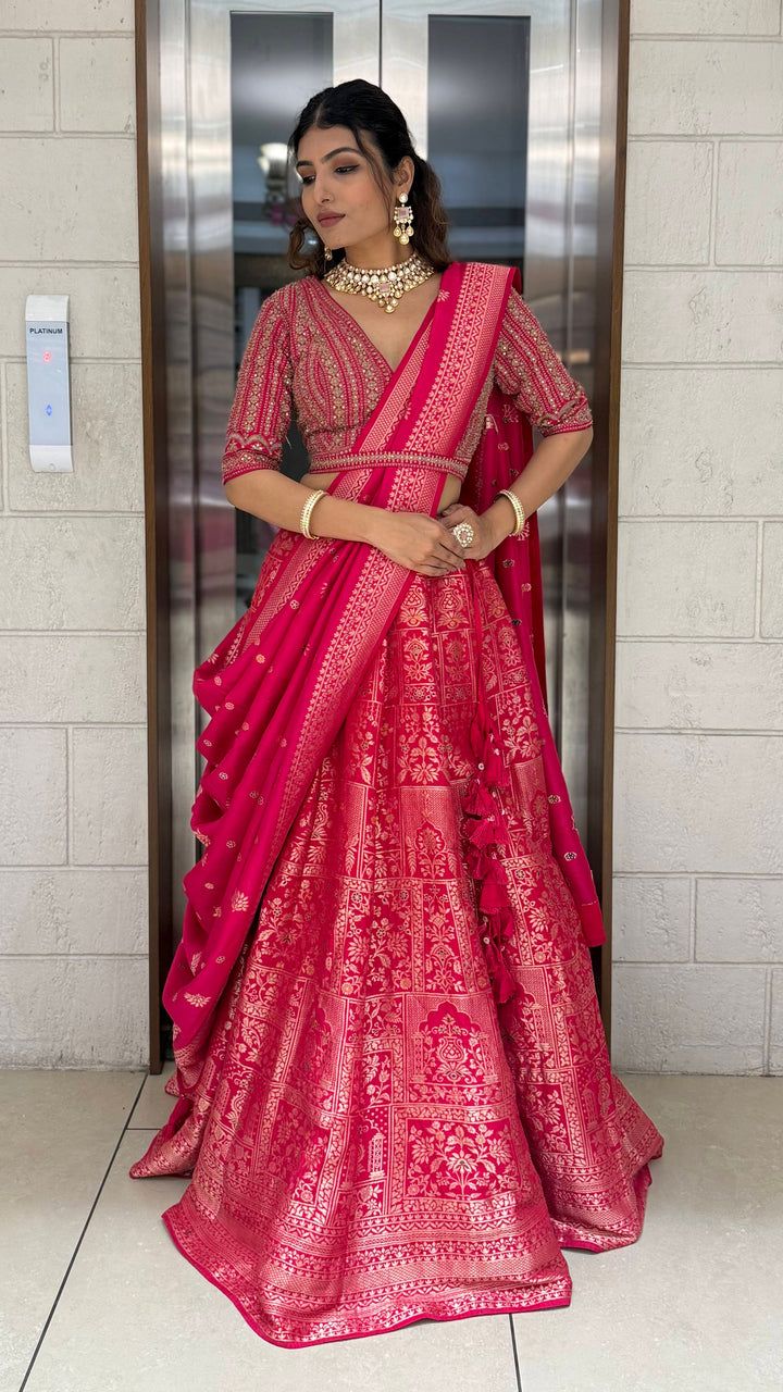 Rani Pink Heavy Banarasi Silk Lehenga Set with Intricate Zari Weaving & Designer Blouse
