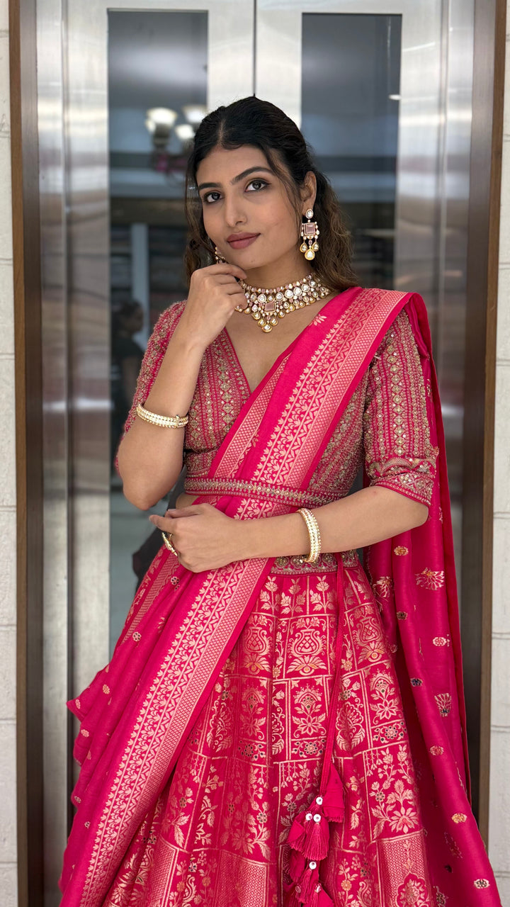 Rani Pink Heavy Banarasi Silk Lehenga Set with Intricate Zari Weaving & Designer Blouse