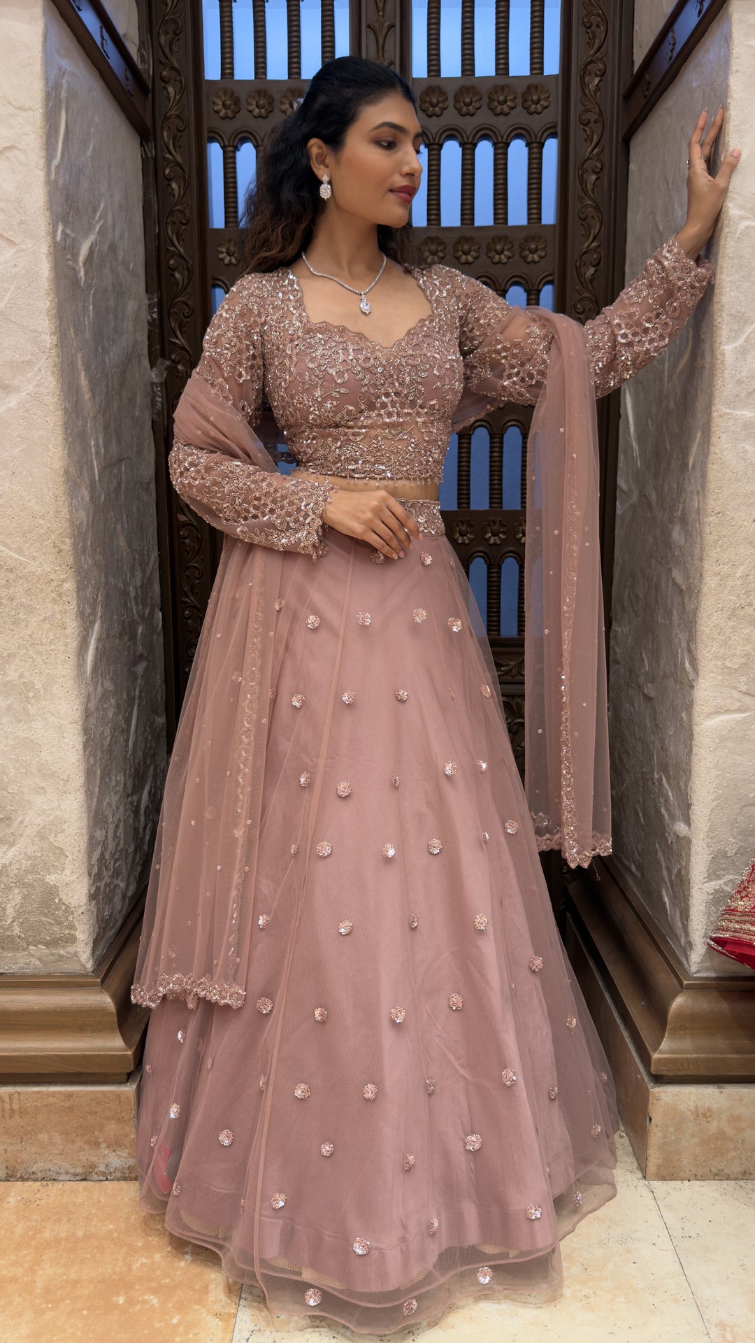 Dusty Mauve Embroidered Designer Lehenga Set with Sequin Work & Soft Net Dupatta