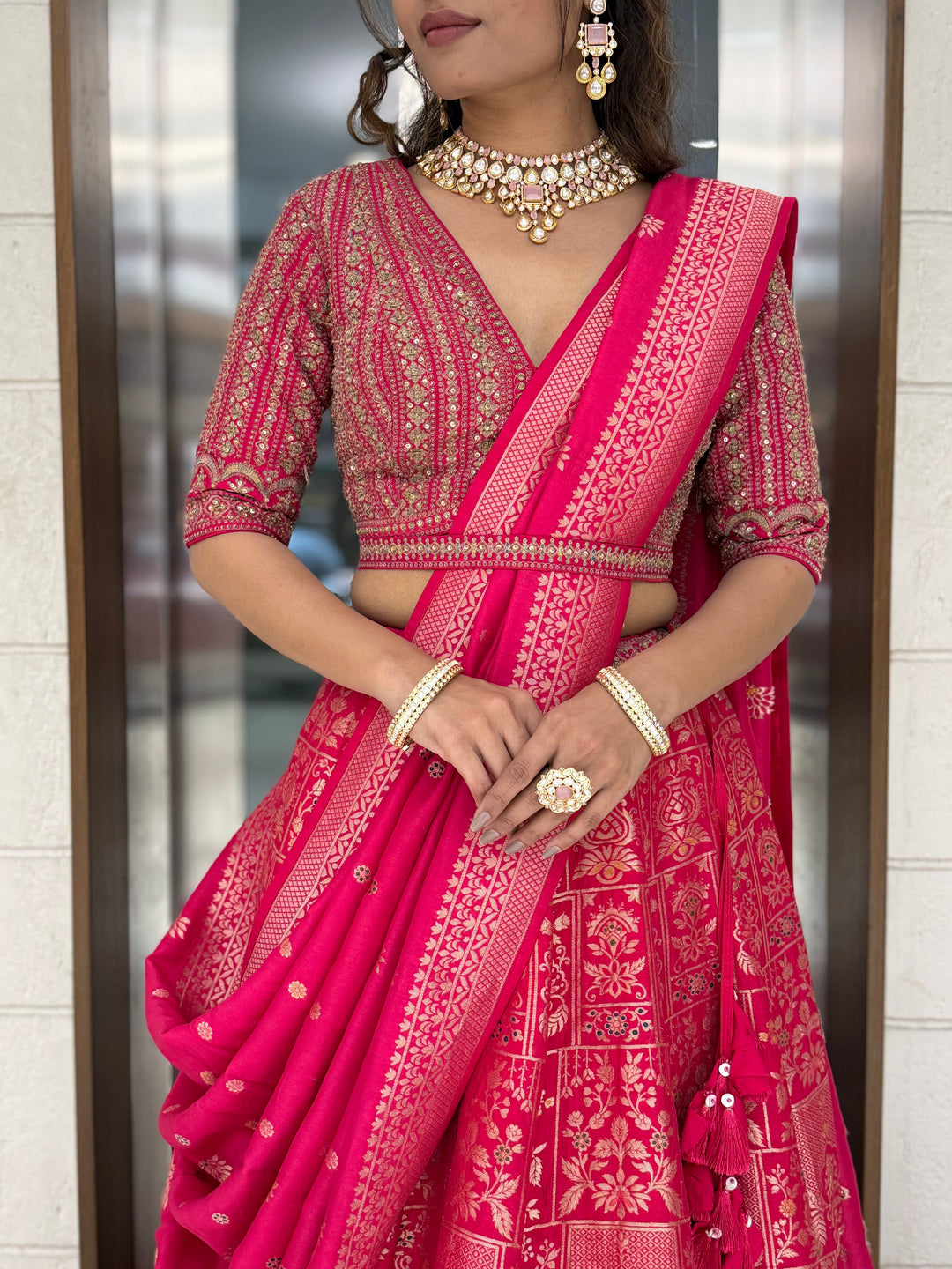 Rani Pink Heavy Banarasi Silk Lehenga Set with Intricate Zari Weaving & Designer Blouse