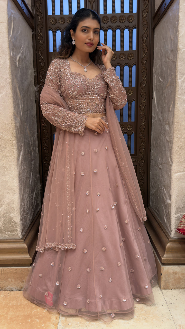 Dusty Mauve Embroidered Designer Lehenga Set with Sequin Work & Soft Net Dupatta