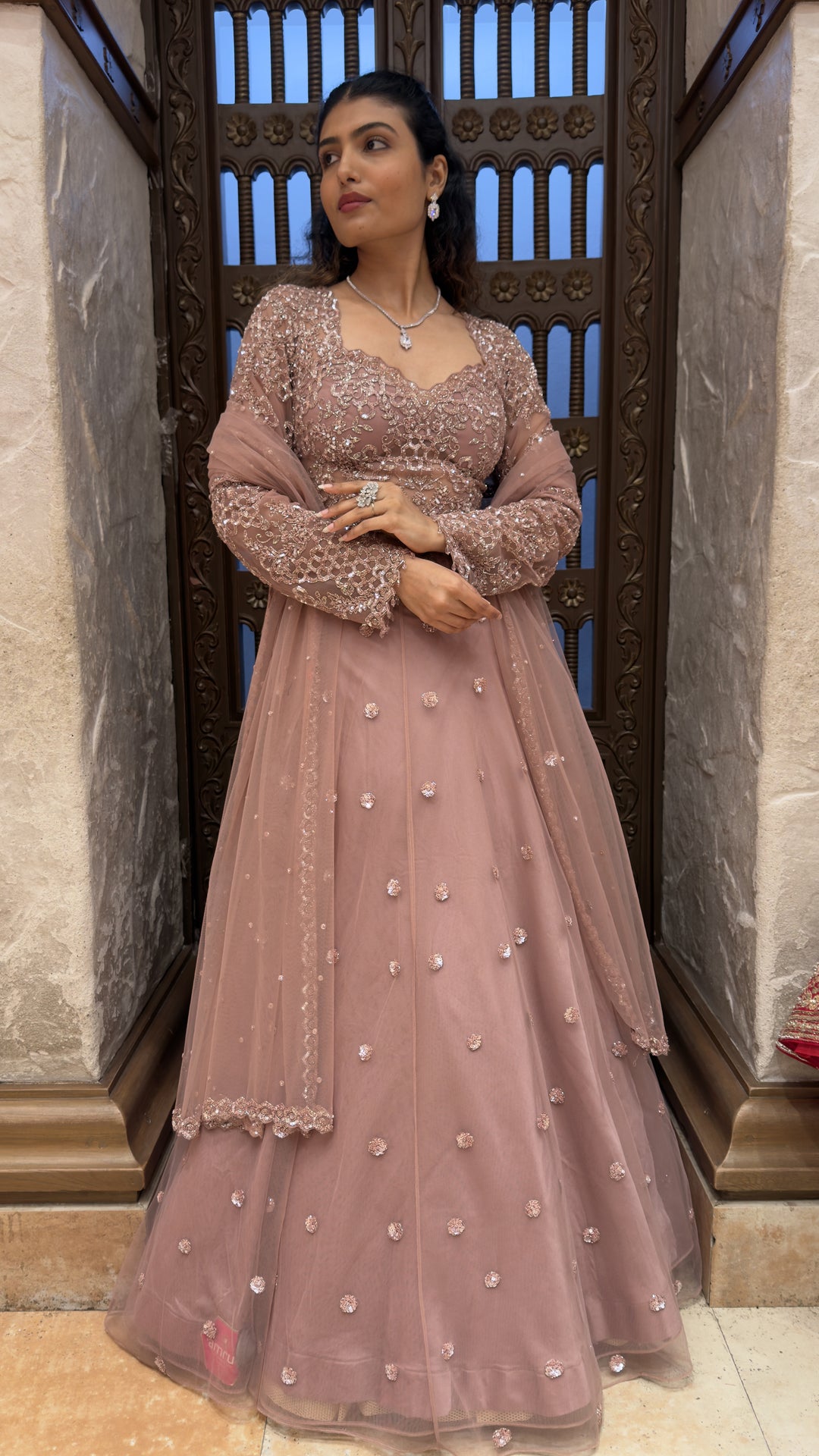 Dusty Mauve Embroidered Designer Lehenga Set with Sequin Work & Soft Net Dupatta