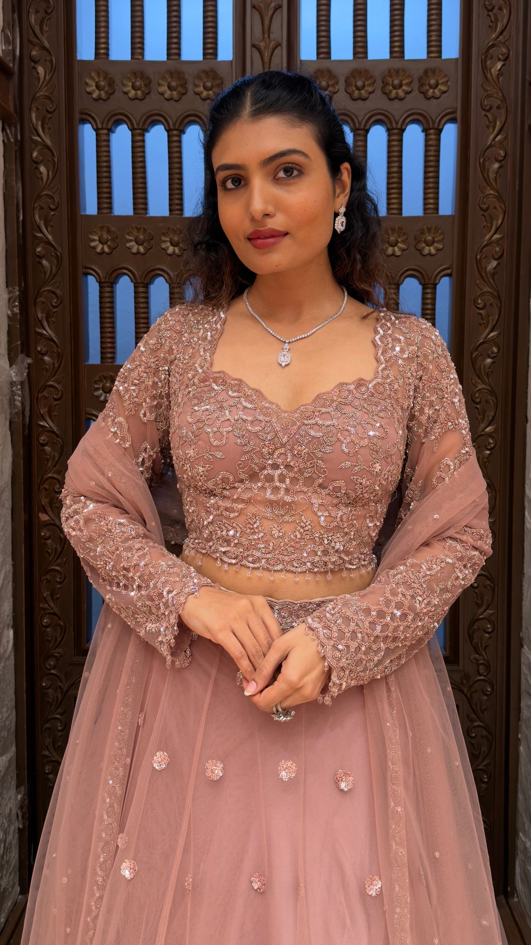 Dusty Mauve Embroidered Designer Lehenga Set with Sequin Work & Soft Net Dupatta