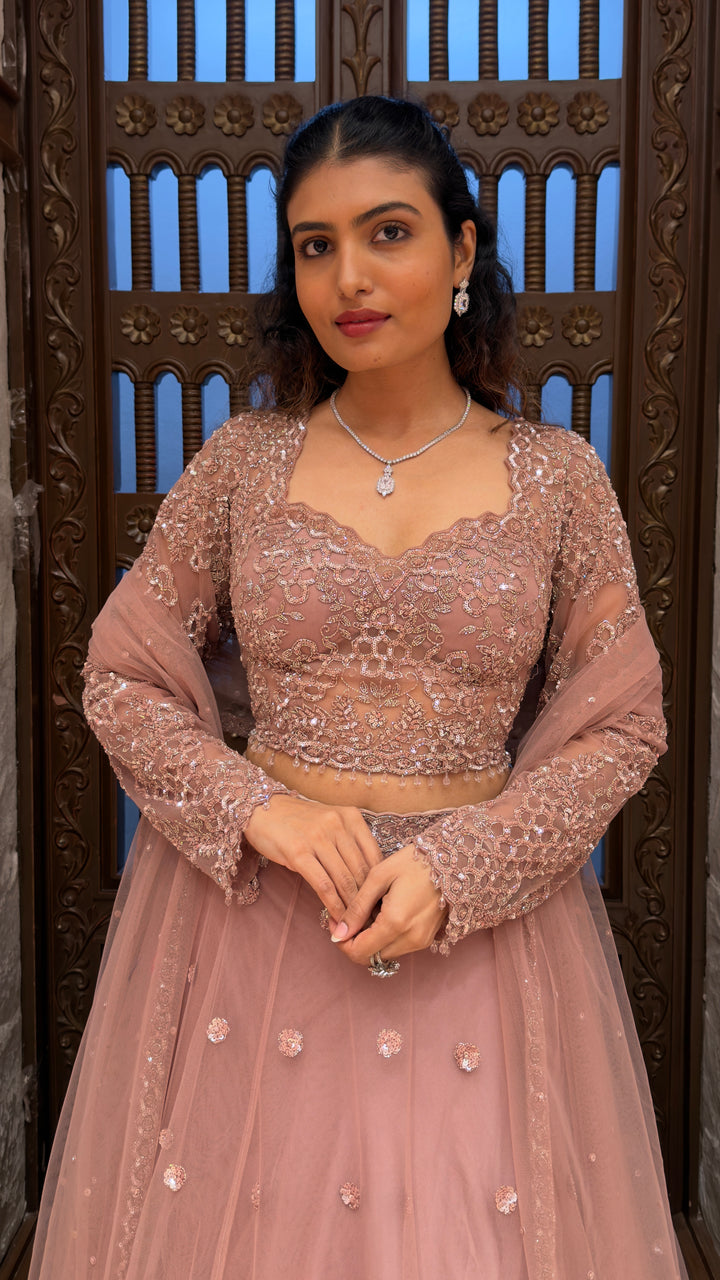 Dusty Mauve Embroidered Designer Lehenga Set with Sequin Work & Soft Net Dupatta