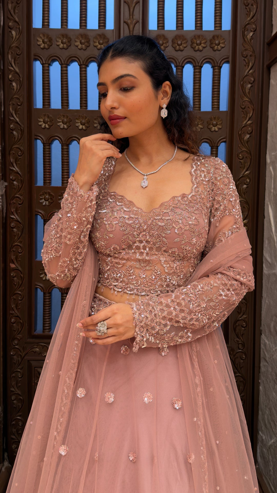 Dusty Mauve Embroidered Designer Lehenga Set with Sequin Work & Soft Net Dupatta