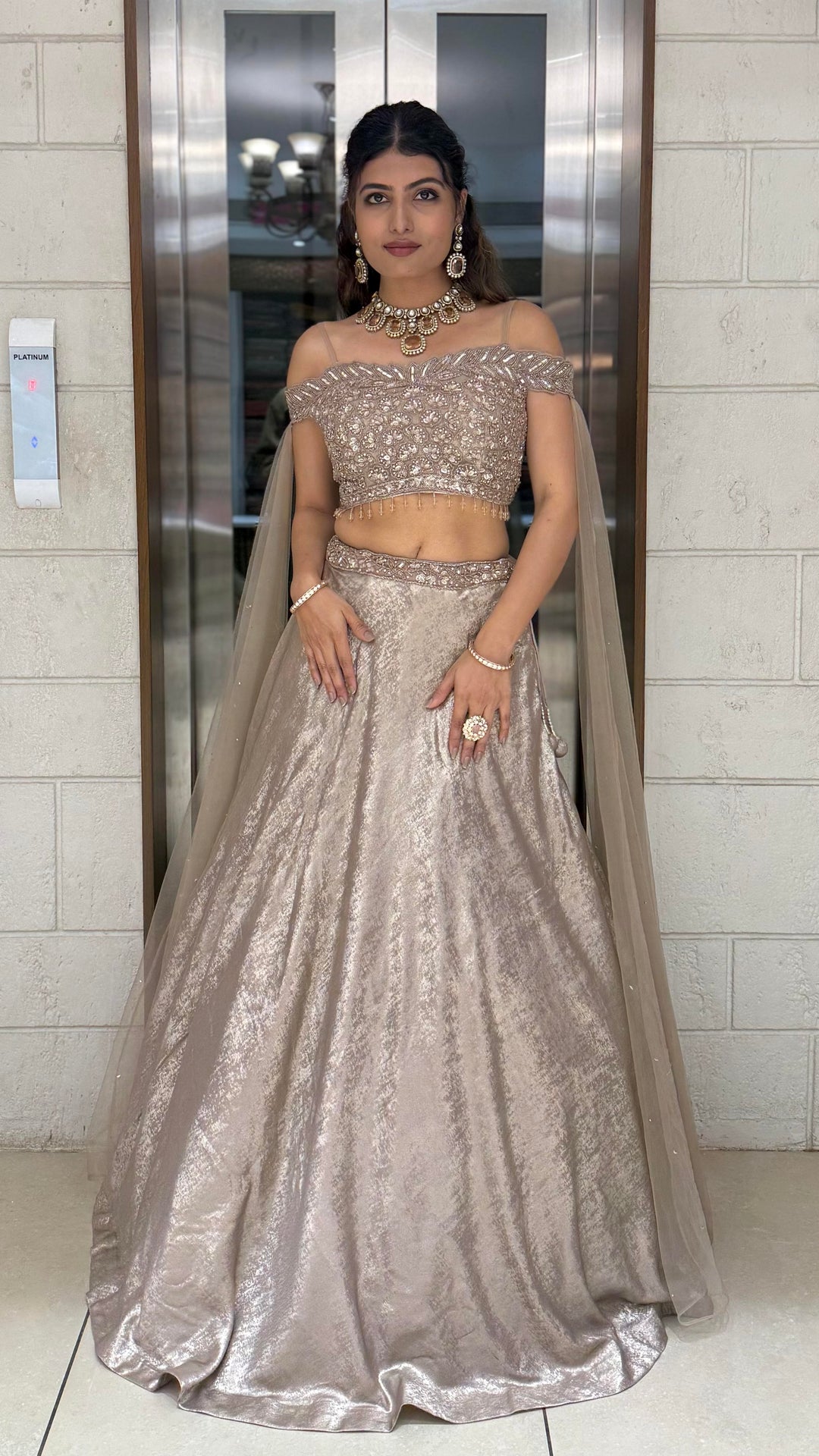 Champagne Gold Off-Shoulder Embellished Designer Lehenga Set with Sheer Dupatta