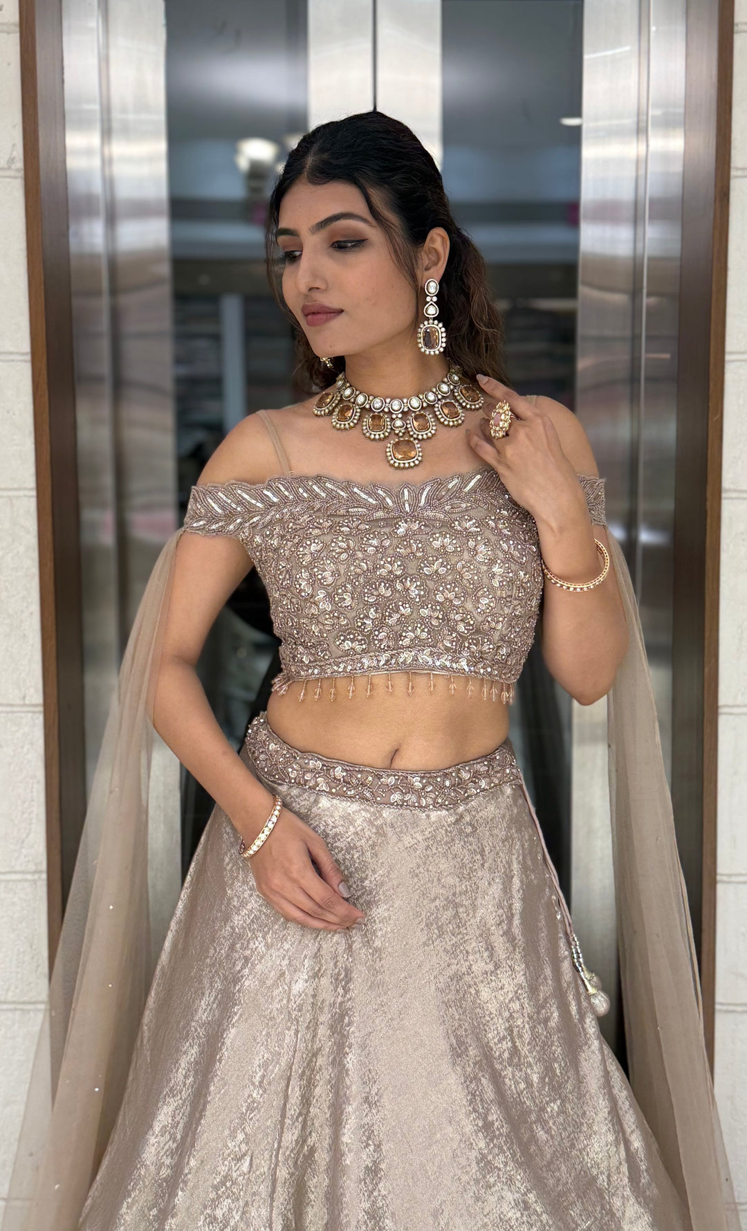 Champagne Gold Off-Shoulder Embellished Designer Lehenga Set with Sheer Dupatta