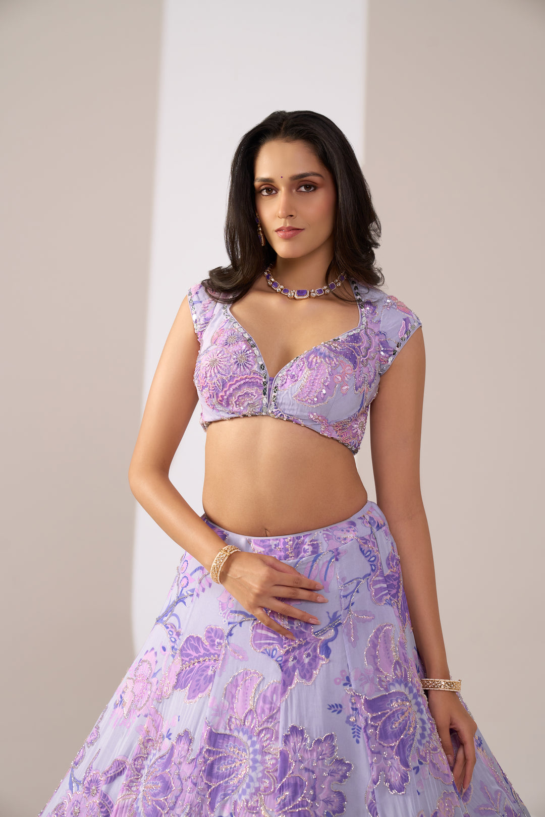 Lavender Lilac Embroidered Designer Lehenga Set with Sheer Dupatta
