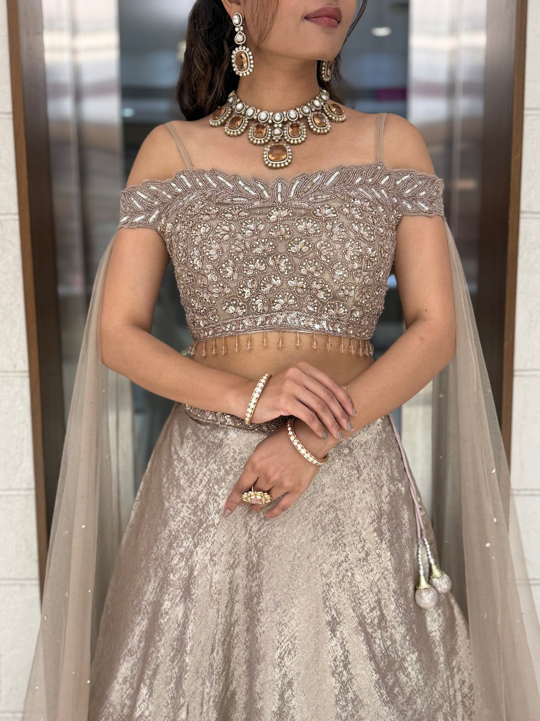 Champagne Gold Off-Shoulder Embellished Designer Lehenga Set with Sheer Dupatta
