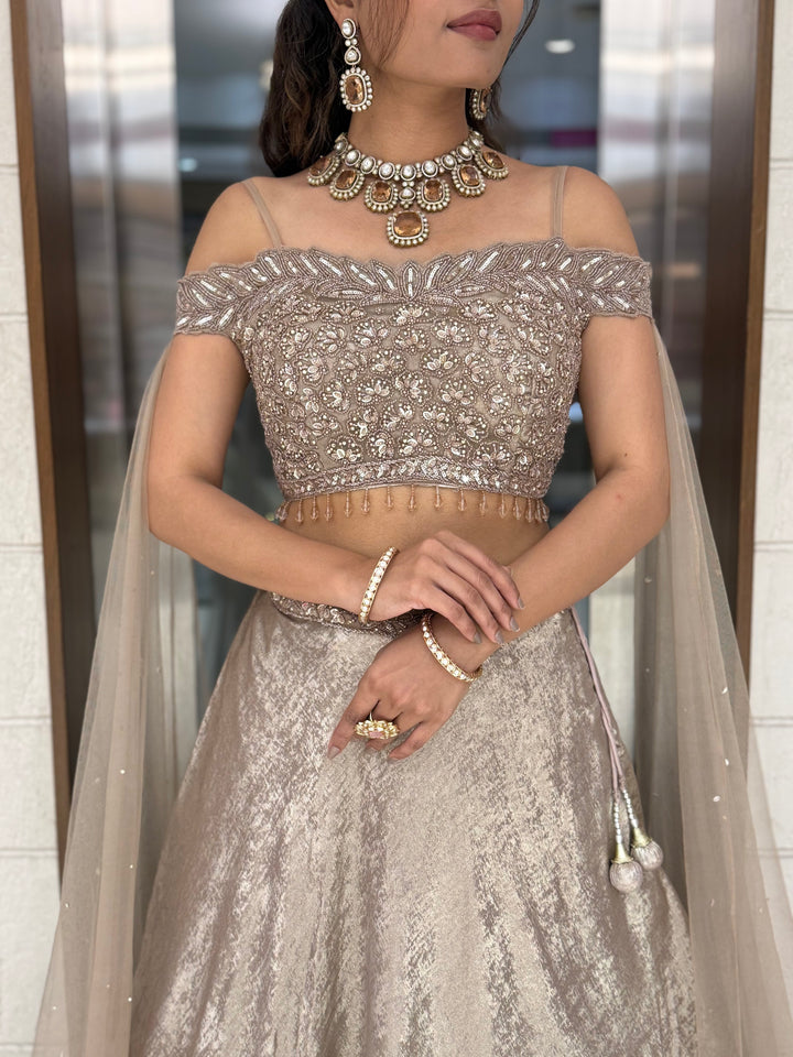 Champagne Gold Off-Shoulder Embellished Designer Lehenga Set with Sheer Dupatta