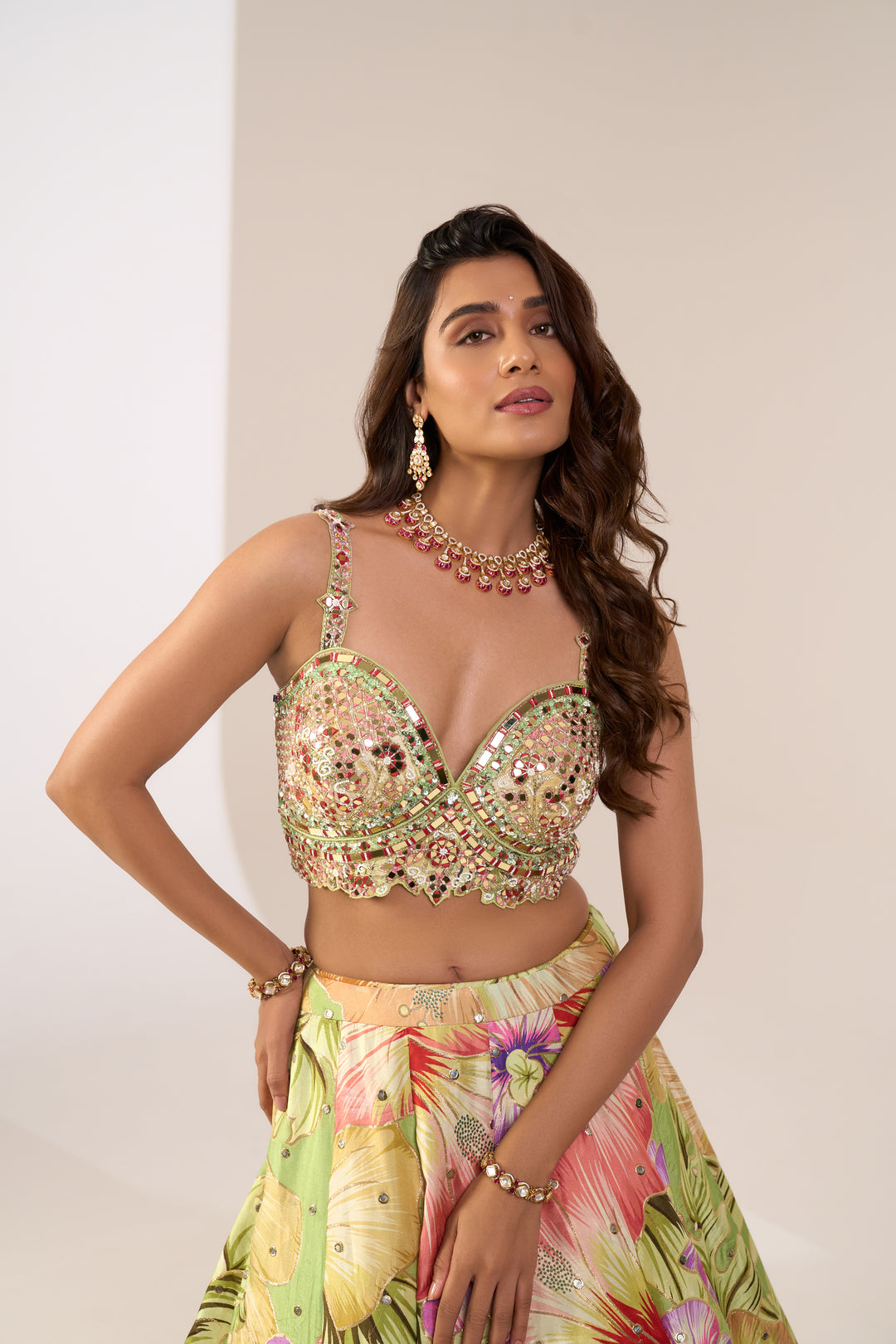 Lime Green Floral Printed Designer Lehenga Set with Heavily Embellished Blouse