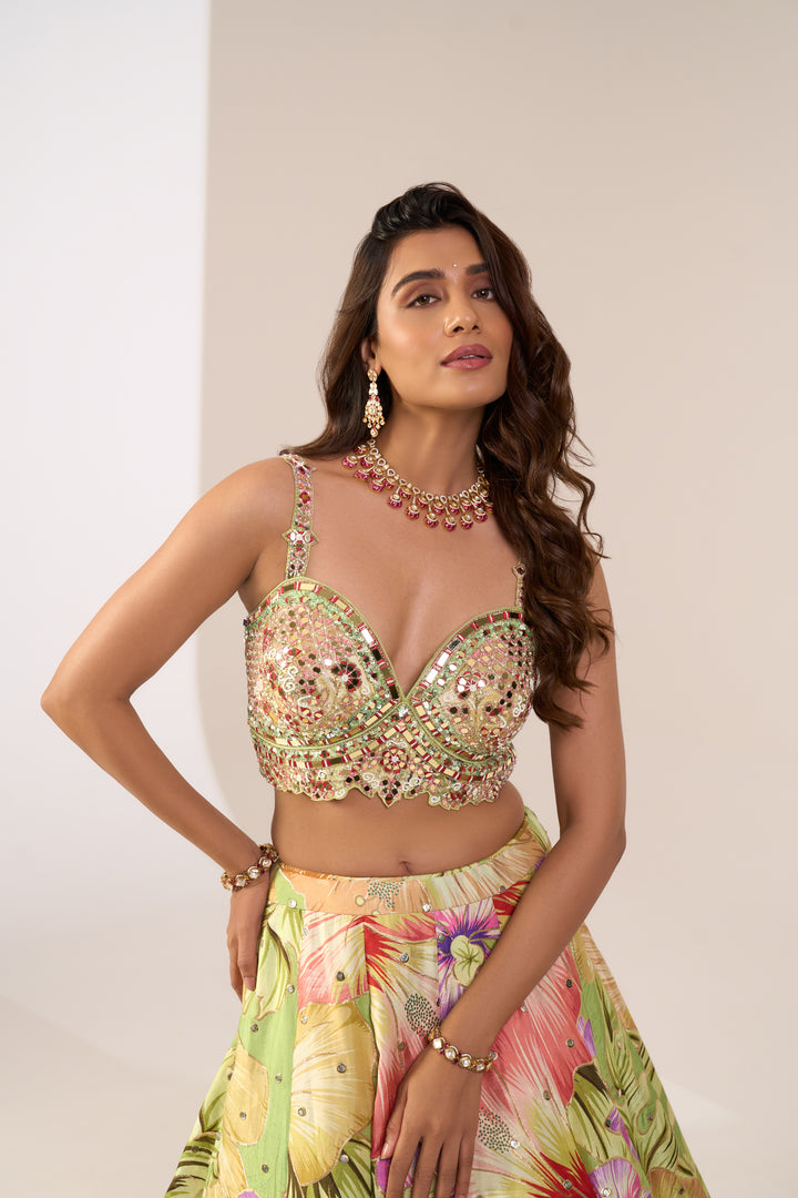 Lime Green Floral Printed Designer Lehenga Set with Heavily Embellished Blouse