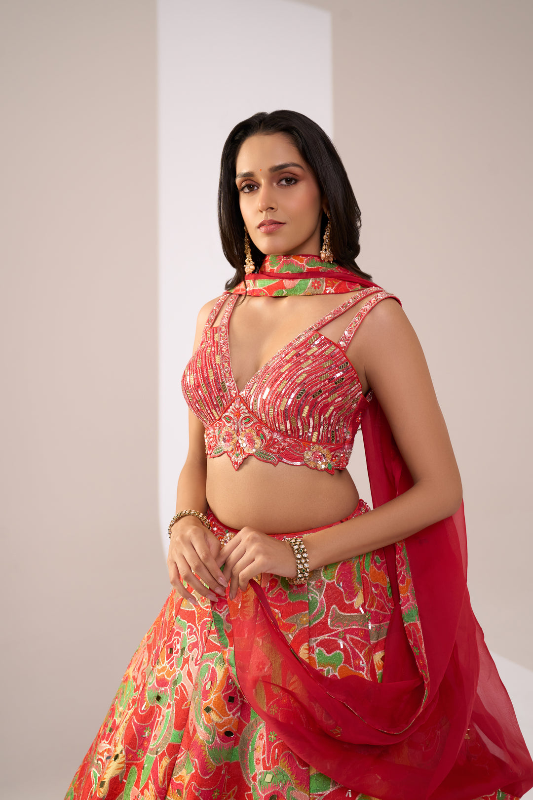 Crimson Red Multicolour Printed Designer Lehenga Set with Embellished Blouse & Dupatta