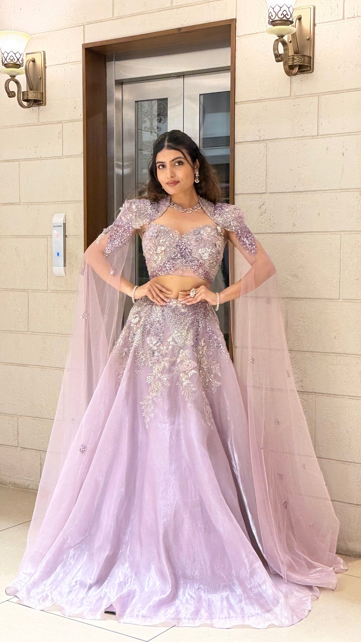 Lilac Shimmer Lehenga Set with Embellished Cape Sleeves