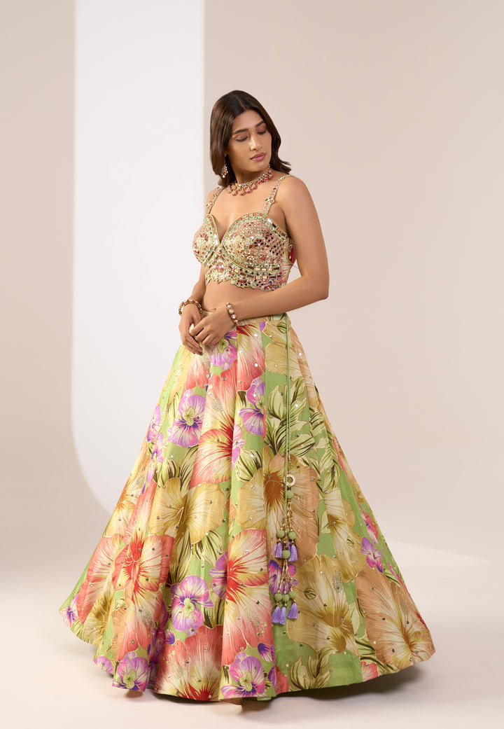 Lime Green Floral Printed Designer Lehenga Set with Heavily Embellished Blouse