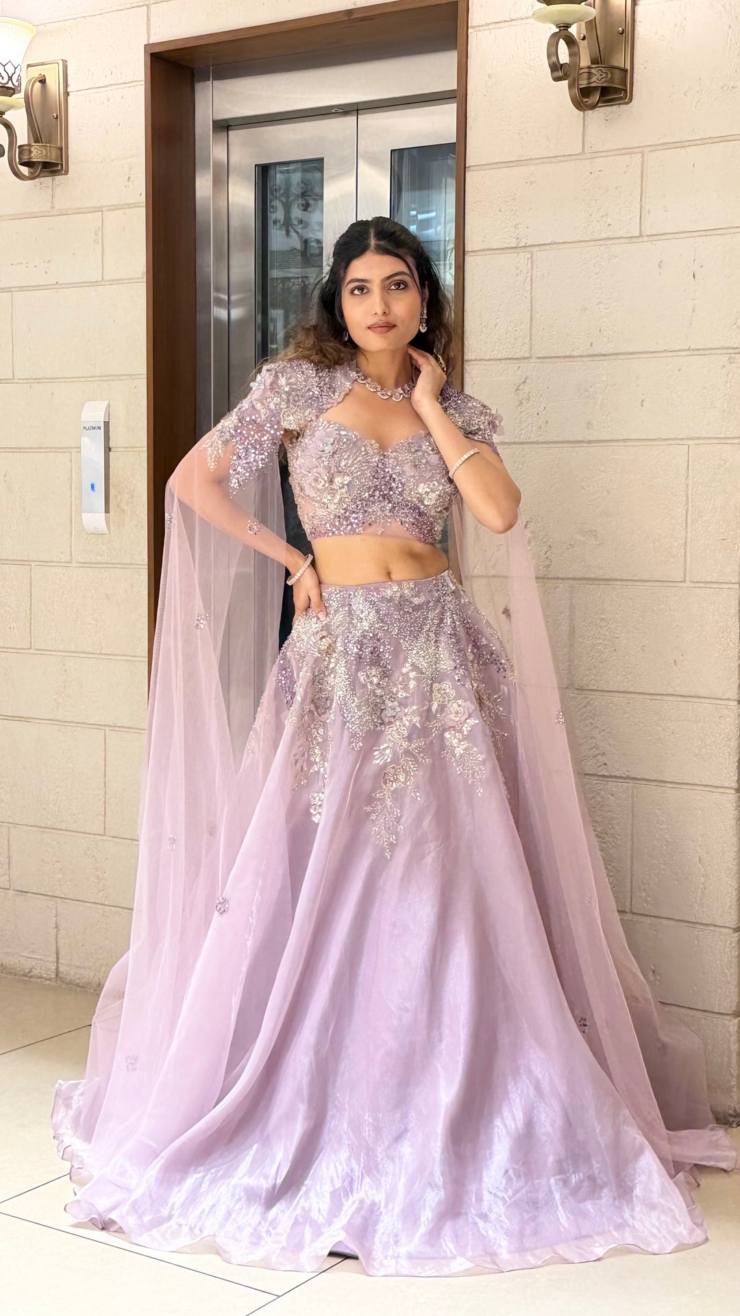 Lilac Shimmer Lehenga Set with Embellished Cape Sleeves
