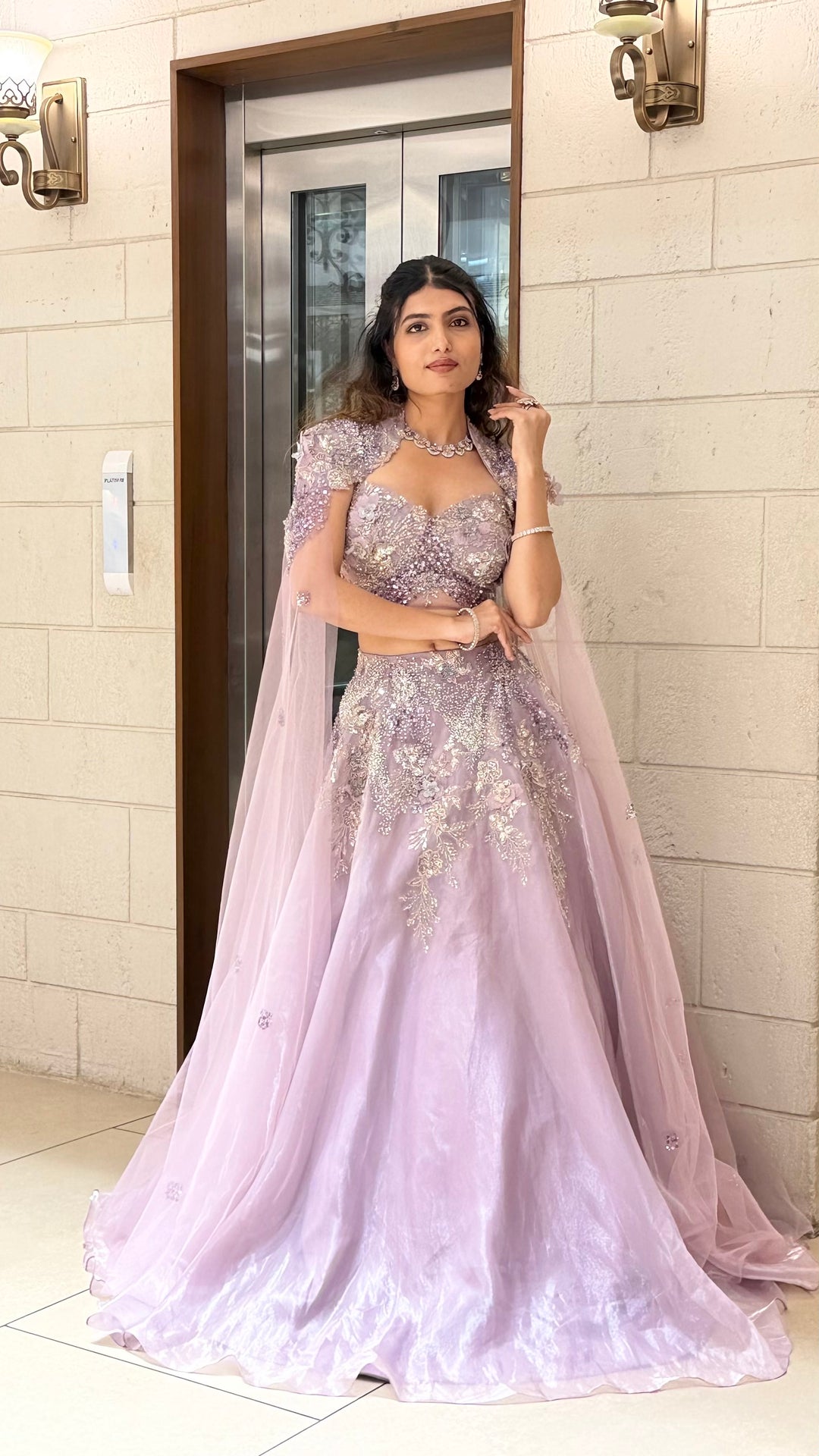 Lilac Shimmer Lehenga Set with Embellished Cape Sleeves