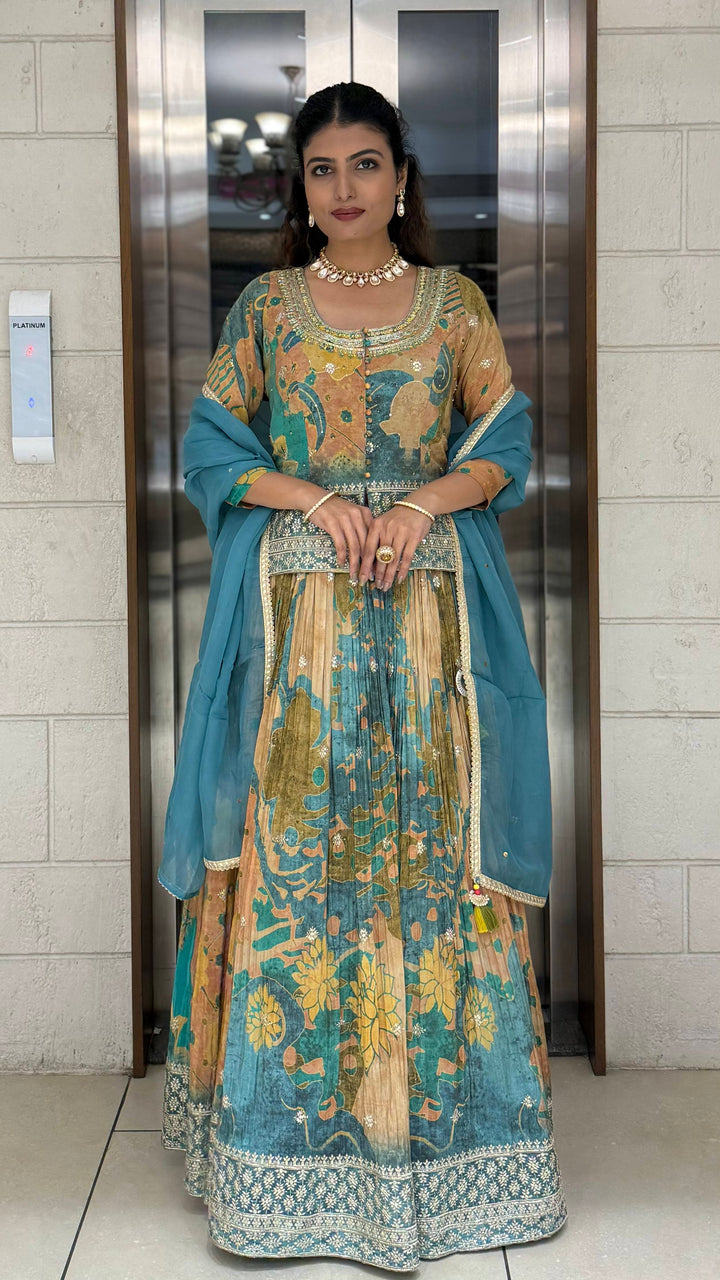 Teal Blue & Peach Printed Designer Peplum Lehenga Set with Flared Sleeves & Tassel Accents