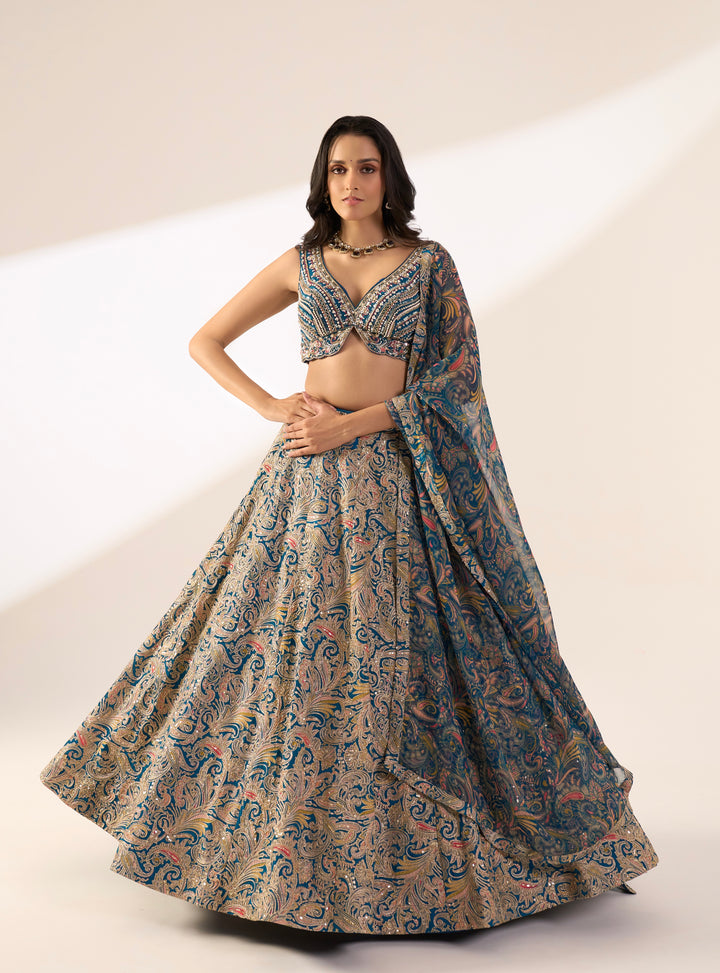 Teal Blue & Antique Gold Heavily Embroidered Designer Lehenga Set with Printed Dupatta
