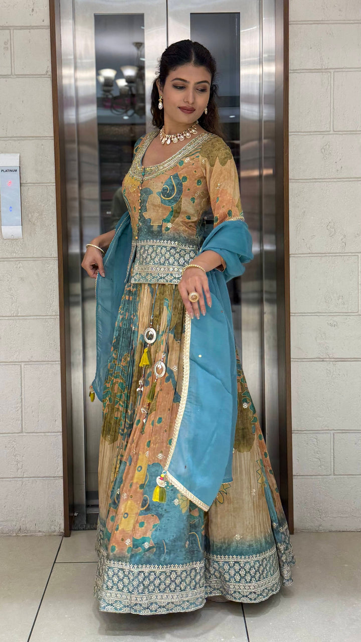 Teal Blue & Peach Printed Designer Peplum Lehenga Set with Flared Sleeves & Tassel Accents