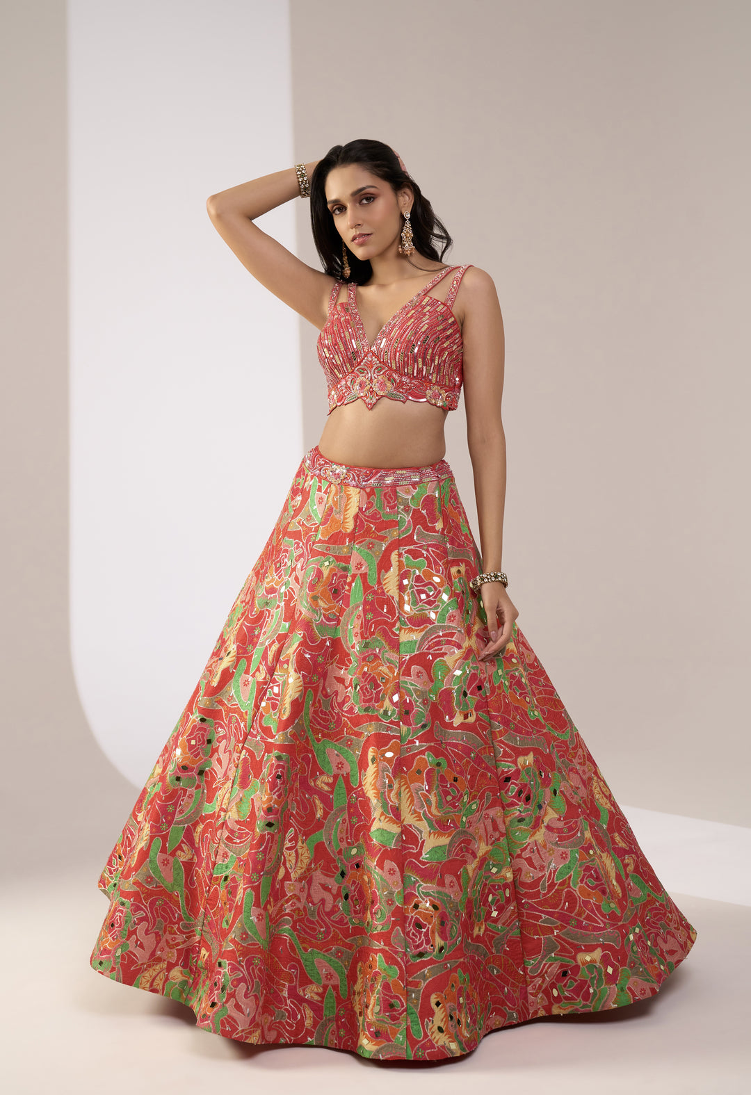 Crimson Red Multicolour Printed Designer Lehenga Set with Embellished Blouse & Dupatta