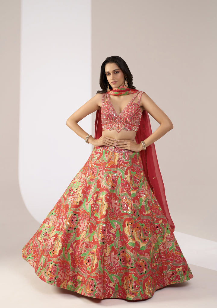 Crimson Red Multicolour Printed Designer Lehenga Set with Embellished Blouse & Dupatta