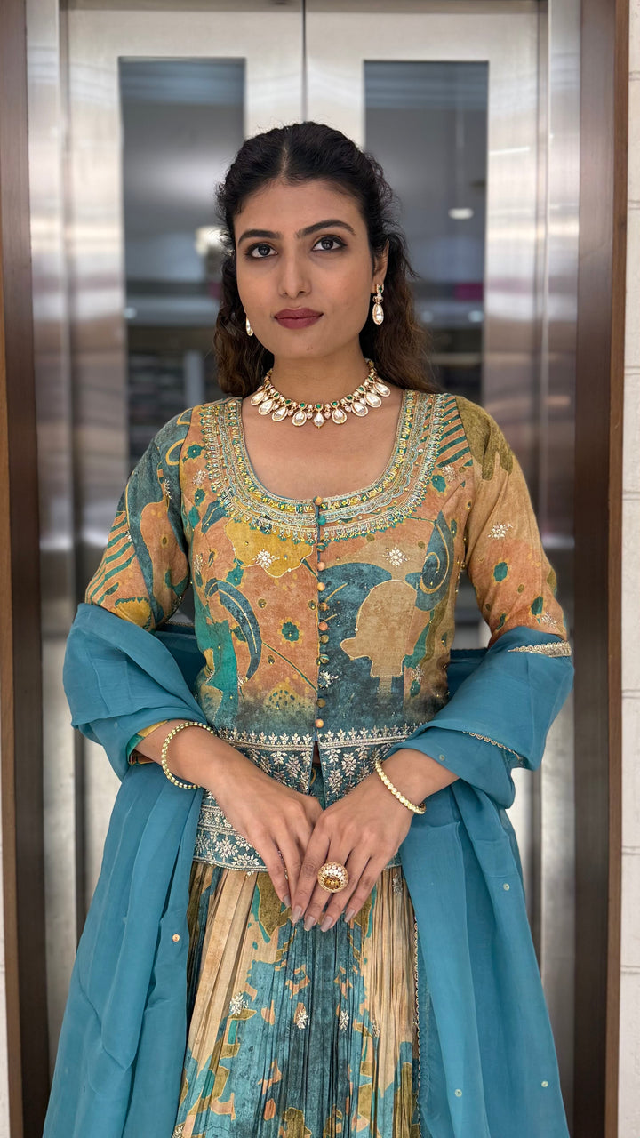 Teal Blue & Peach Printed Designer Peplum Lehenga Set with Flared Sleeves & Tassel Accents