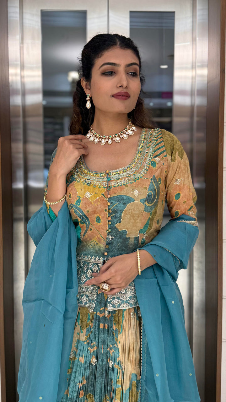 Teal Blue & Peach Printed Designer Peplum Lehenga Set with Flared Sleeves & Tassel Accents