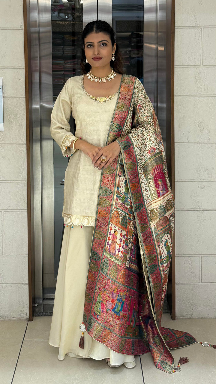 Ivory Silk Designer Straight-Cut Suit Set with Heavy Multicolour Heritage Weaving Dupatta
