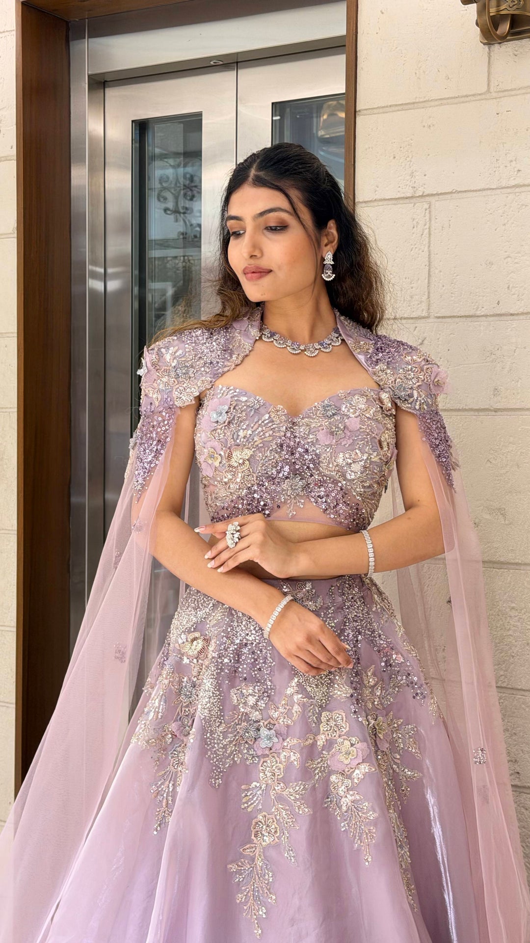 Lilac Shimmer Lehenga Set with Embellished Cape Sleeves