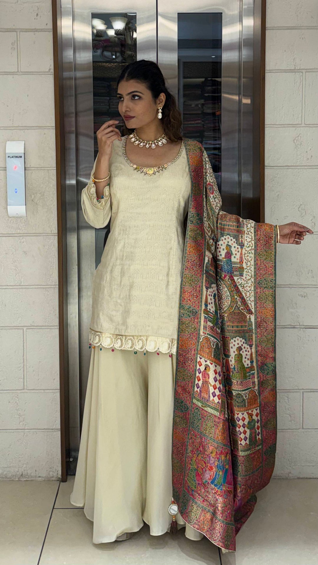 Ivory Silk Designer Straight-Cut Suit Set with Heavy Multicolour Heritage Weaving Dupatta