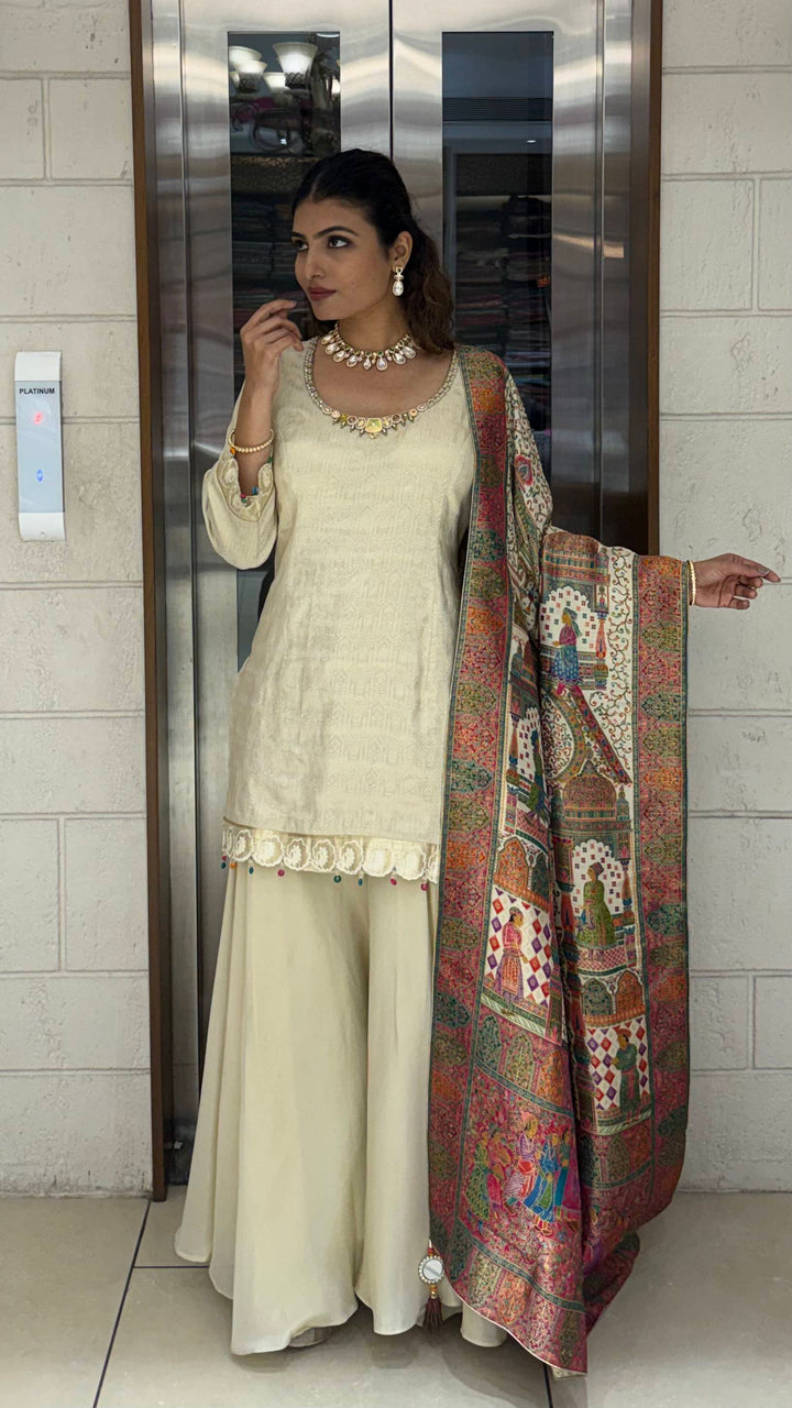 Ivory Silk Designer Straight-Cut Suit Set with Heavy Multicolour Heritage Weaving Dupatta