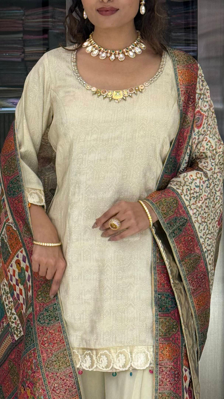 Ivory Silk Designer Straight-Cut Suit Set with Heavy Multicolour Heritage Weaving Dupatta
