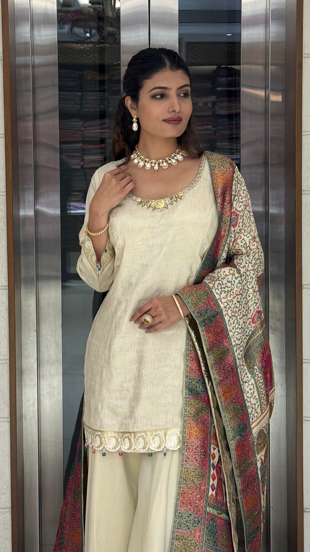 Ivory Silk Designer Straight-Cut Suit Set with Heavy Multicolour Heritage Weaving Dupatta