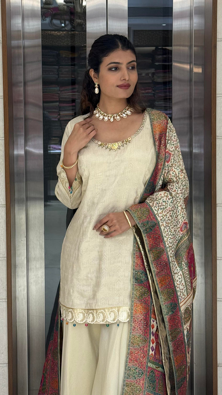 Ivory Silk Designer Straight-Cut Suit Set with Heavy Multicolour Heritage Weaving Dupatta