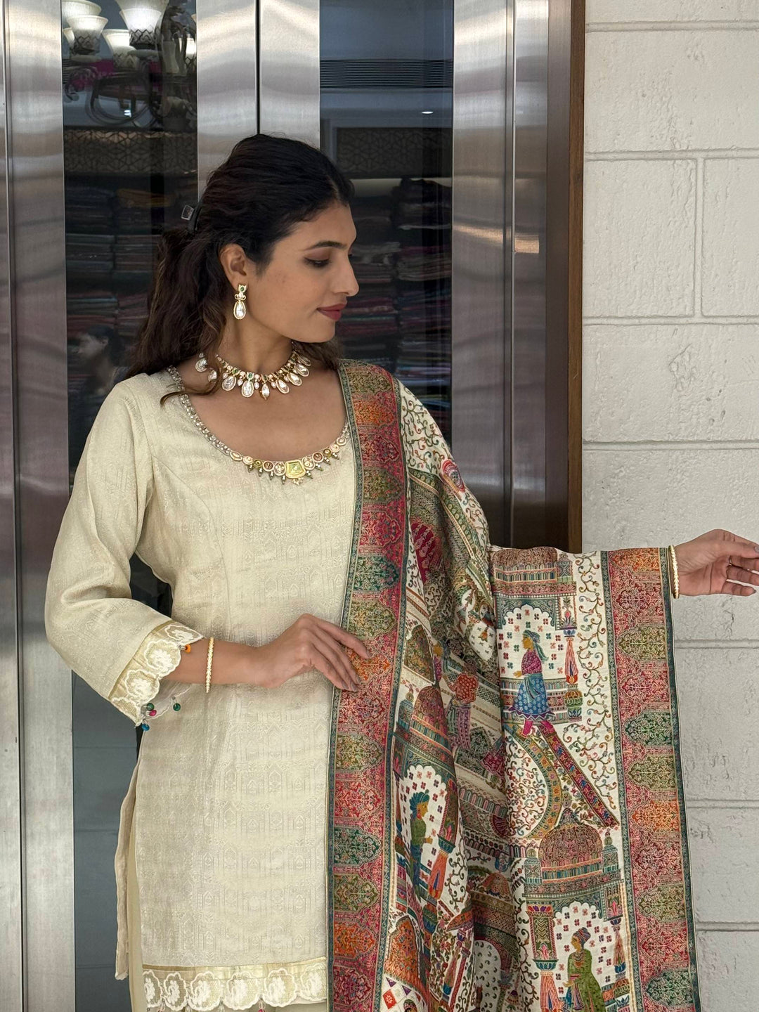 Ivory Silk Designer Straight-Cut Suit Set with Heavy Multicolour Heritage Weaving Dupatta