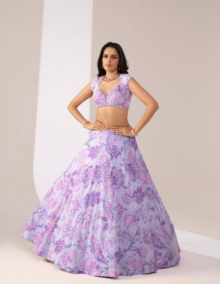 Lavender Lilac Embroidered Designer Lehenga Set with Sheer Dupatta