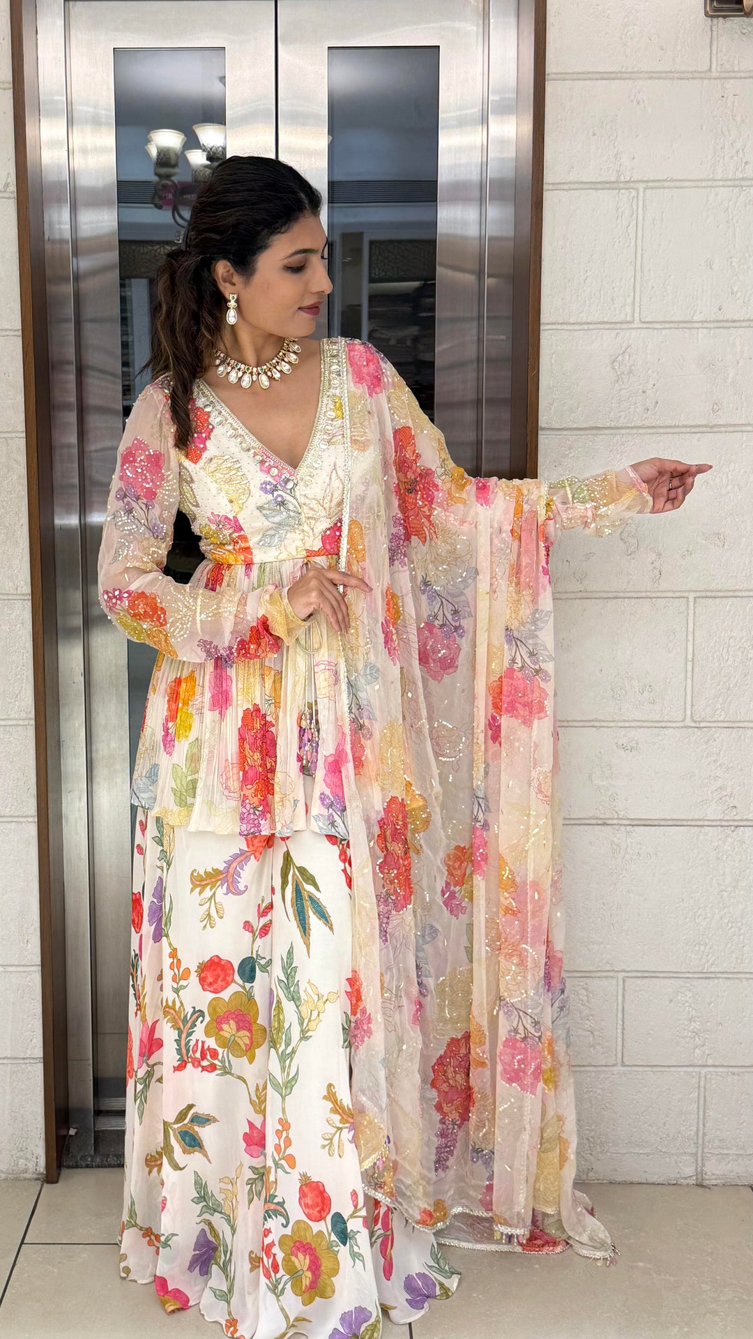Ivory Multicolor Floral Embroidered Peplum Set with Palazzo & Dupatta