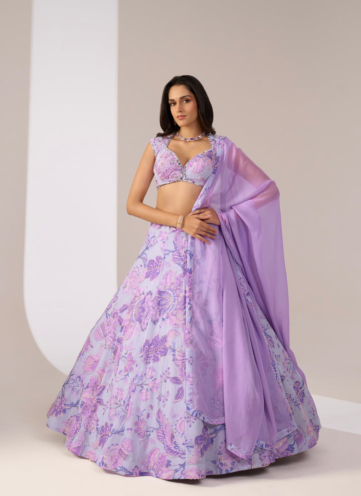 Lavender Lilac Embroidered Designer Lehenga Set with Sheer Dupatta