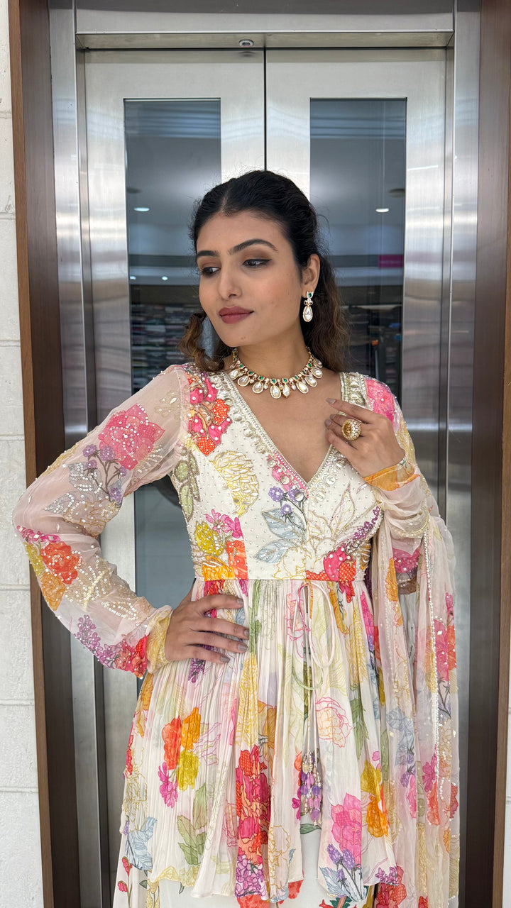 Ivory Multicolor Floral Embroidered Peplum Set with Palazzo & Dupatta